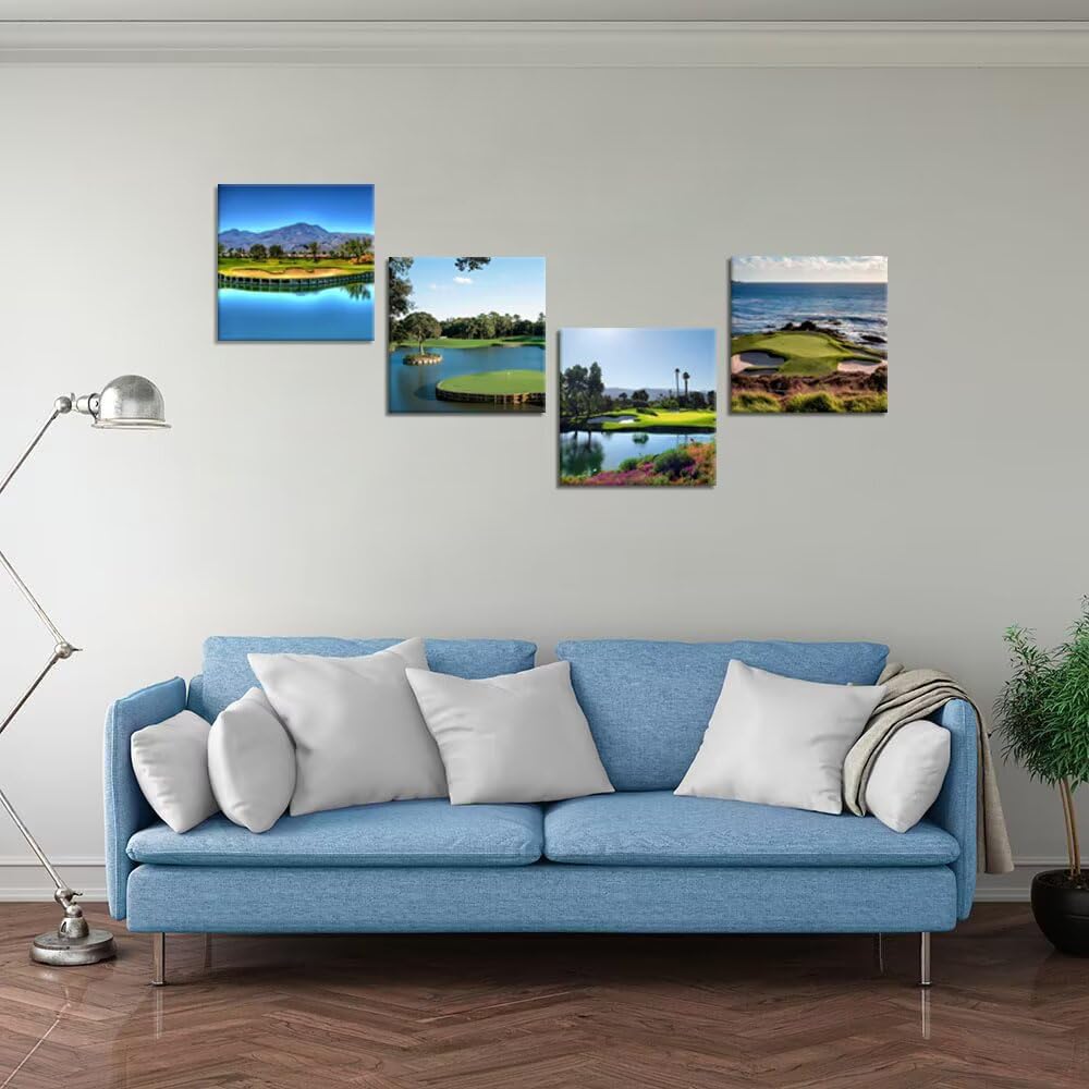 Pankila USA Golf Course Wall Art Golf Pictures Canvas Prints Golf Course Wall Decor for Living Room Bedroom Bathroom Home Decorations Painting Framed Artwork Ready to Hang (12''W x 12''H x 4)
