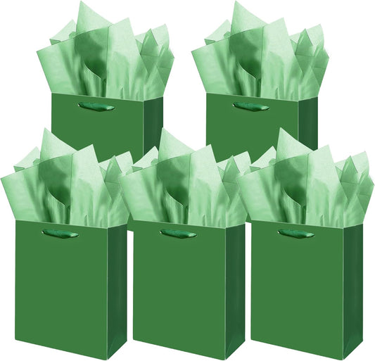 Gcardist Dark Green Gift Bags with Tissue Paper for Wedding, Birthday, Party Supplies-7.9"x4.3"x9.6" Medium Size Cardboard Gift Bags（5pcs Bags +10pcs Tissue Paper ）