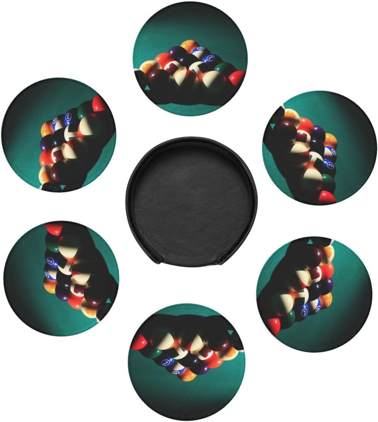 Billiard Ball Cool Coasters for Drinks Round Leather Coaster with Holder Set of 6 for Tabletop Protection Desk Accessories Office Home Room Decor