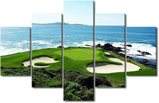 5 Pieces Pebble Beach Golf Course Canvas Wall Art Green Golf Course Home Decor for Living Room Wall Decor Modern Artwork for Home Walls Poster and Prints Stretched and Framed Ready to Hang - 60"Wx40"H