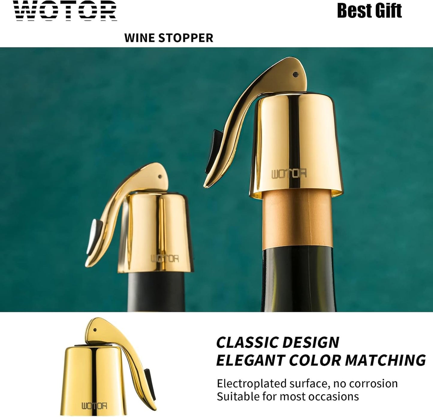 WOTOR Stainless Steel Wine Bottle Stoppers with Silicone - Reusable Wine Saver and Decorative Bottle Sealer, Leakproof, Keep Fresh, Gold, 2 Pack