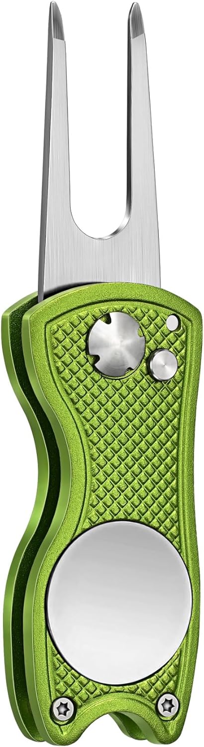 Mile High Life Golf Divot Repair Tool, All Metal Foldable Divot Tool with Pop-up Button & Magnetic Ball Marker, 2-6 Pack