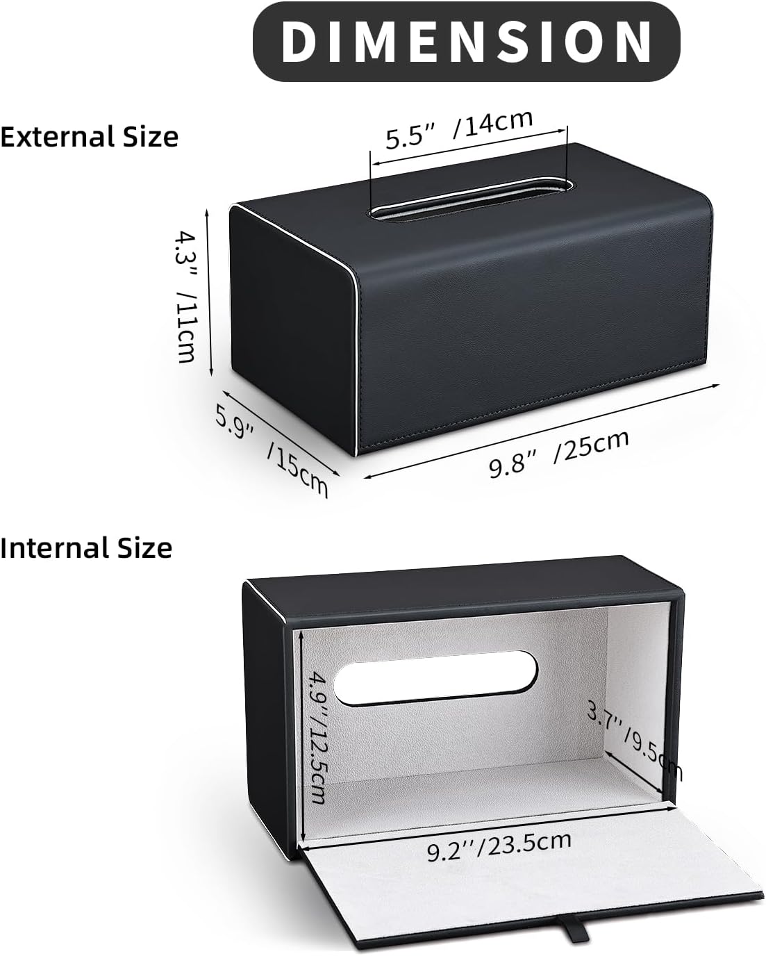 KINGFOM Tissue Box Cover, PU Leather Rectangular Tissue Box Holder with Magnetic Bottom Cover for Facial Tissues/Napkins, Office & Living Room Decor Box (Black)