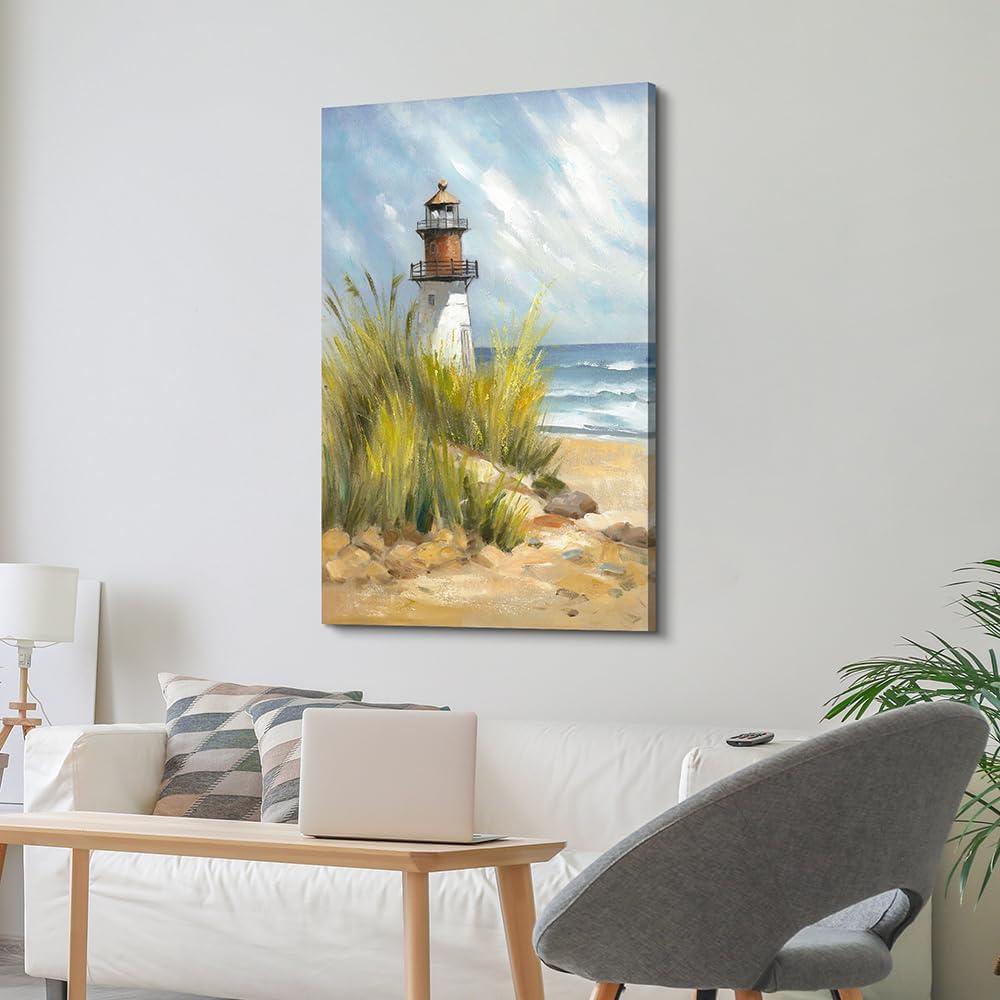 coastal wall art lighthouse pictures: beach wall decor coastal artwork nautical ocean print in beach canvas painting for living room 45" x 30"