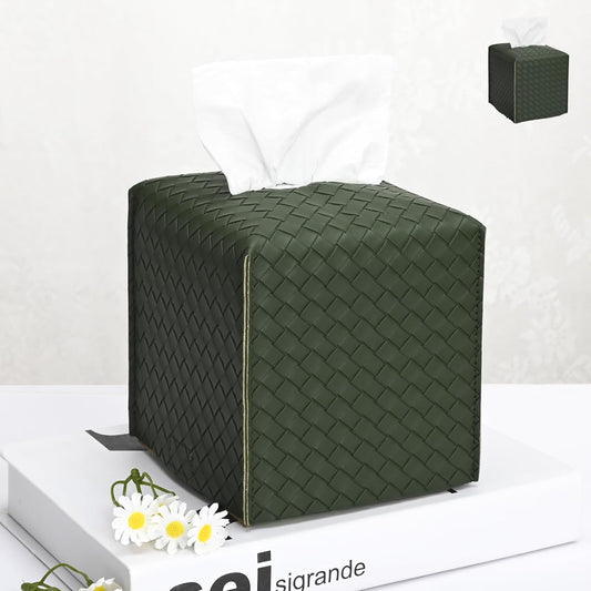 HOMOTEK 2 Pack Tissue Box Cover, Square PU Leather Tissue Holder, Decorative Facial Tissue Cube Paper Organizer Dispenser for Bathroom, Night Stands, Desk, Car 5X5X5'' - Woven Waffle,Emerald Green