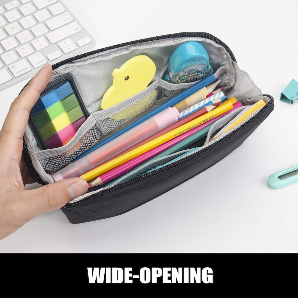 Sooez Wide-Opening Pencil Pen Case, Lightweight & Spacious Pencil Pouch Zipper Stationery Bag, Aesthetic Supply with Triangular Design for Adults, Black