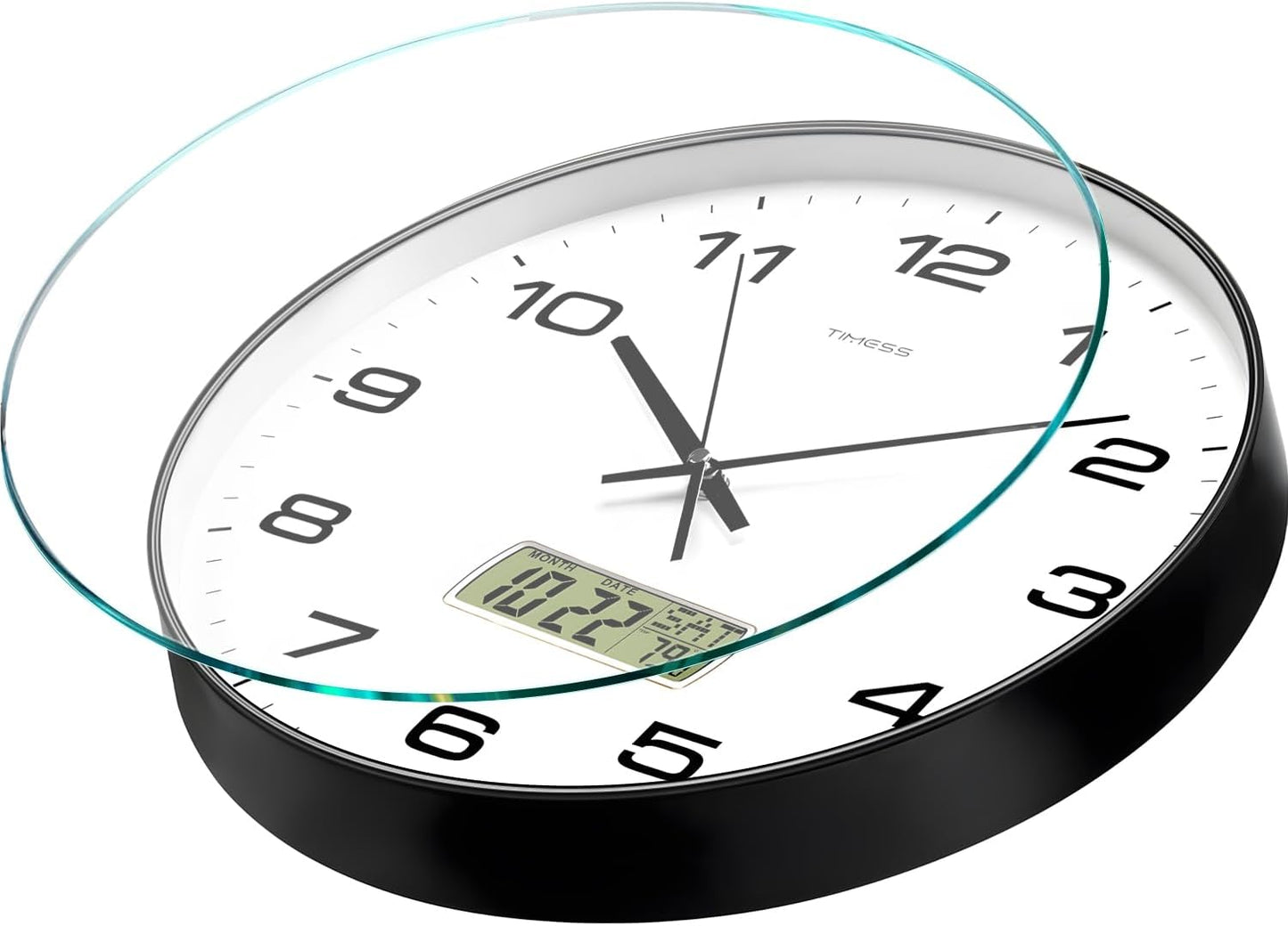 Wall Clock, 13" Dial Non-Ticking Silent Battery Operated Analog with LCD Display for Perpetual Calendar and F° Temperature, Ideal Modern Home, Bedroom, Kitchen, Office Decor(Black)