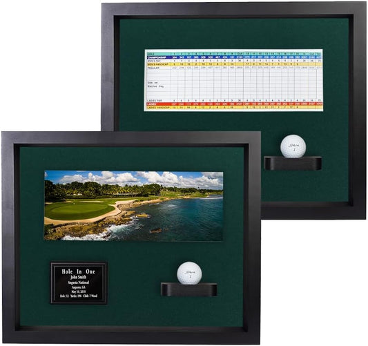 Hole in One Shadowbox and Golf Ball Display Case | Personalized Engraved Plate | Holds Golf Ball and Scorecard or Photo | Horizontal Layout | Black Finish | Wall Mounted