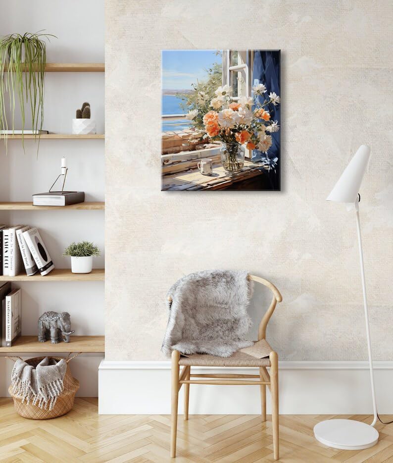 dgbtcart Beach Flowers Bathroom Wall Art Ocean Theme Wall Decor Windowsill Flower Picture Canvas Print Floral Painting Coastal Seascape Artwork for Bedroom Office Decoration 16"x24"inch