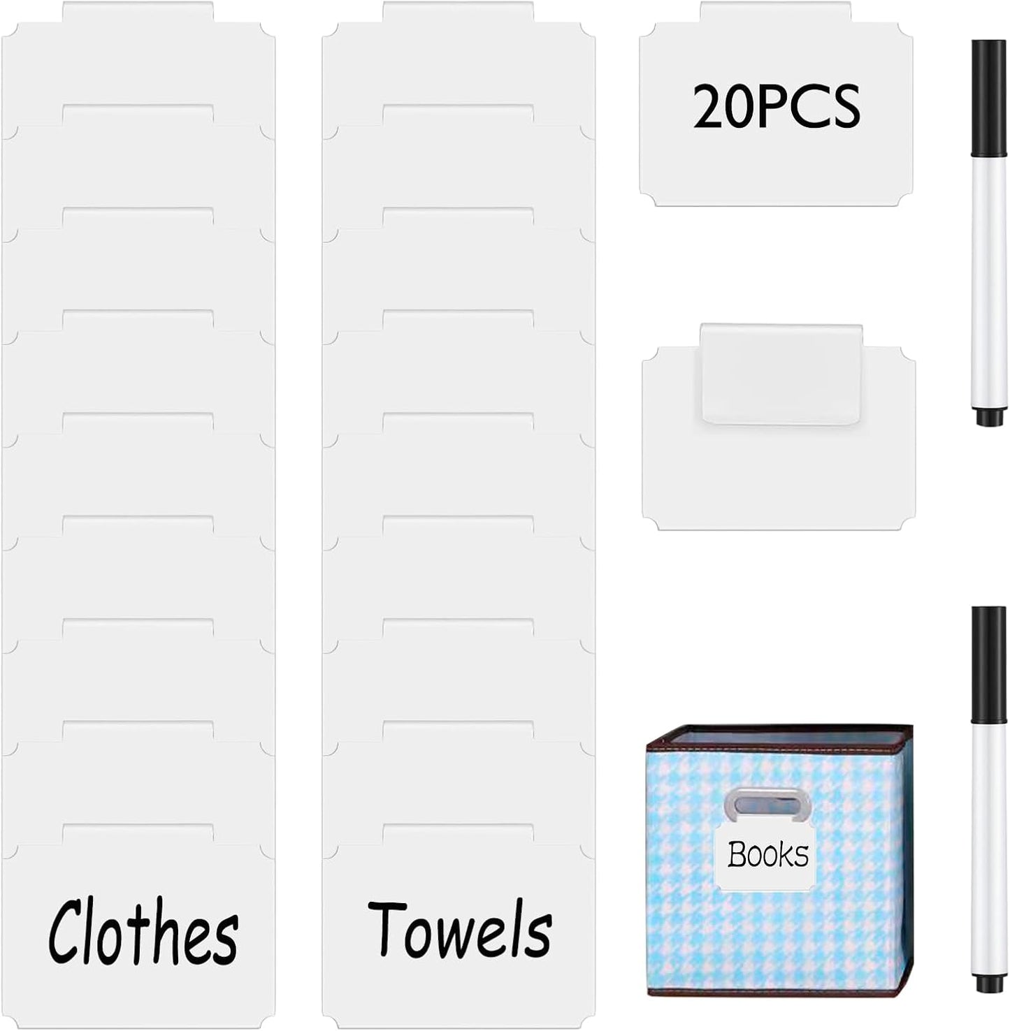 Erasable Label Holders Kit - 20 White PVC Bin Clips & 2 Chalk Markers for Organizing Storage Bins, Baskets, Containers