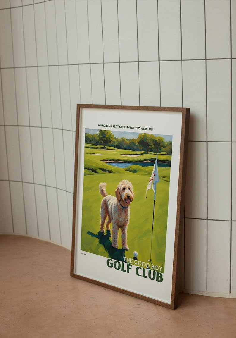 Nationcog Golf Wall Art Print, Good Boy Golf Club Poster with Golden Doodle, Colorful Impasto Artwork, Trendy Sports Decor, Great Golf Gift for Dog Lovers and Enthusiasts (Unframed) (27x40)