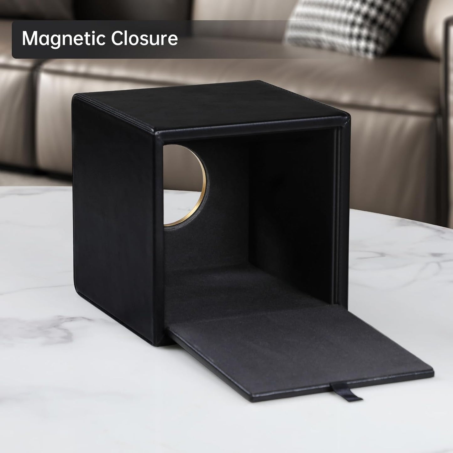 Square Tissue Box Cover, Luxury PU Leather Tissue Holder with Magnetic Closure (Black)