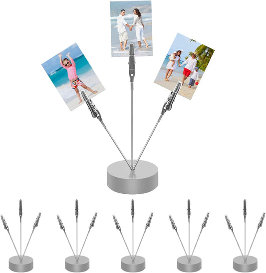 6 Pack Desktop Photo Tree Holder Clip Round Base, 3-Branch Gift Card Holder with Clips, Memo and Picture Display Clip Holder Stand for Wedding Party Photo Clip Holder Table Numbers Silver