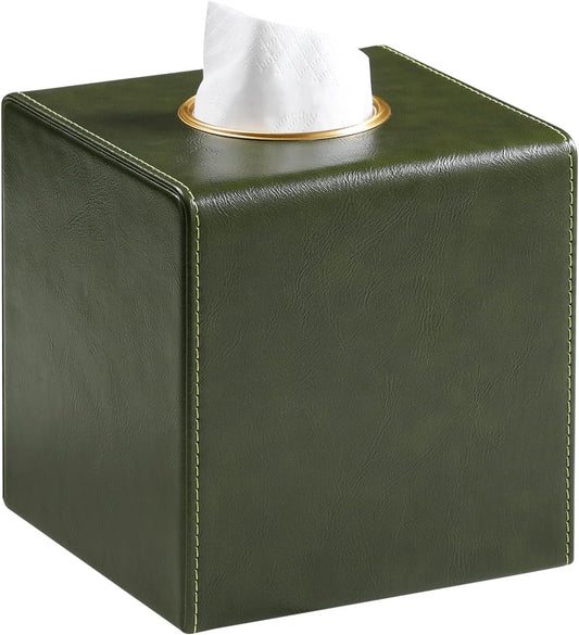 Square Tissue Box Cover, Luxury PU Leather Tissue Holder with Magnetic Closure (Dark Green)