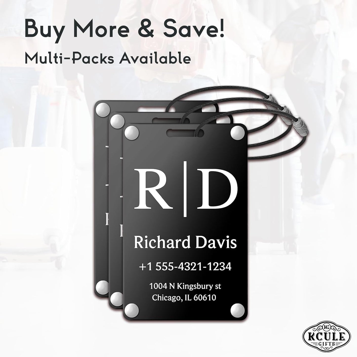 Personalized Luggage Tags for Suitcases - Monogram Style Aluminum Custom Luggage Tags for Backpacks & Bags, Sturdy, Waterproof & Heavy Duty (Black/Card-Sized)