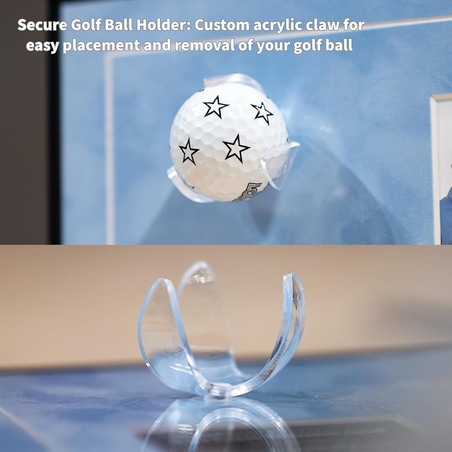 One-Shot Victory Golf Ball Display Frame – Acrylic Case with External Ball Mount, Custom Photo & Nameplate, Babyblue Suede Mat, Elegant Golf Keepsake Gift