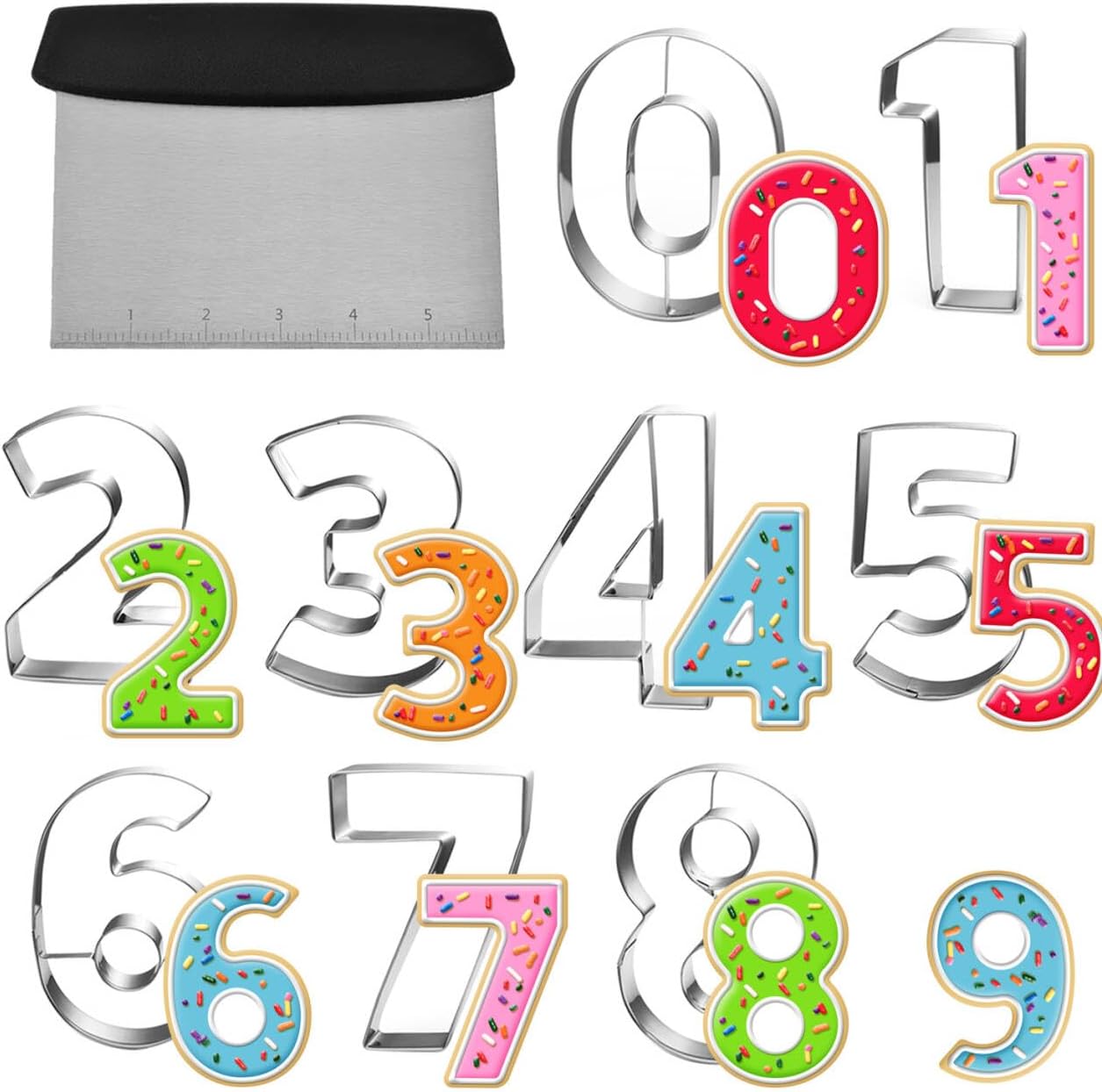 Large Number Cookie Cutter Set with Dough Scraper&Chopper-9 Piece-3.25 Inch-Number 0-8-Birthday Cookie Cutter Shape for Baking-Stainless Steel Kitchen Utensil