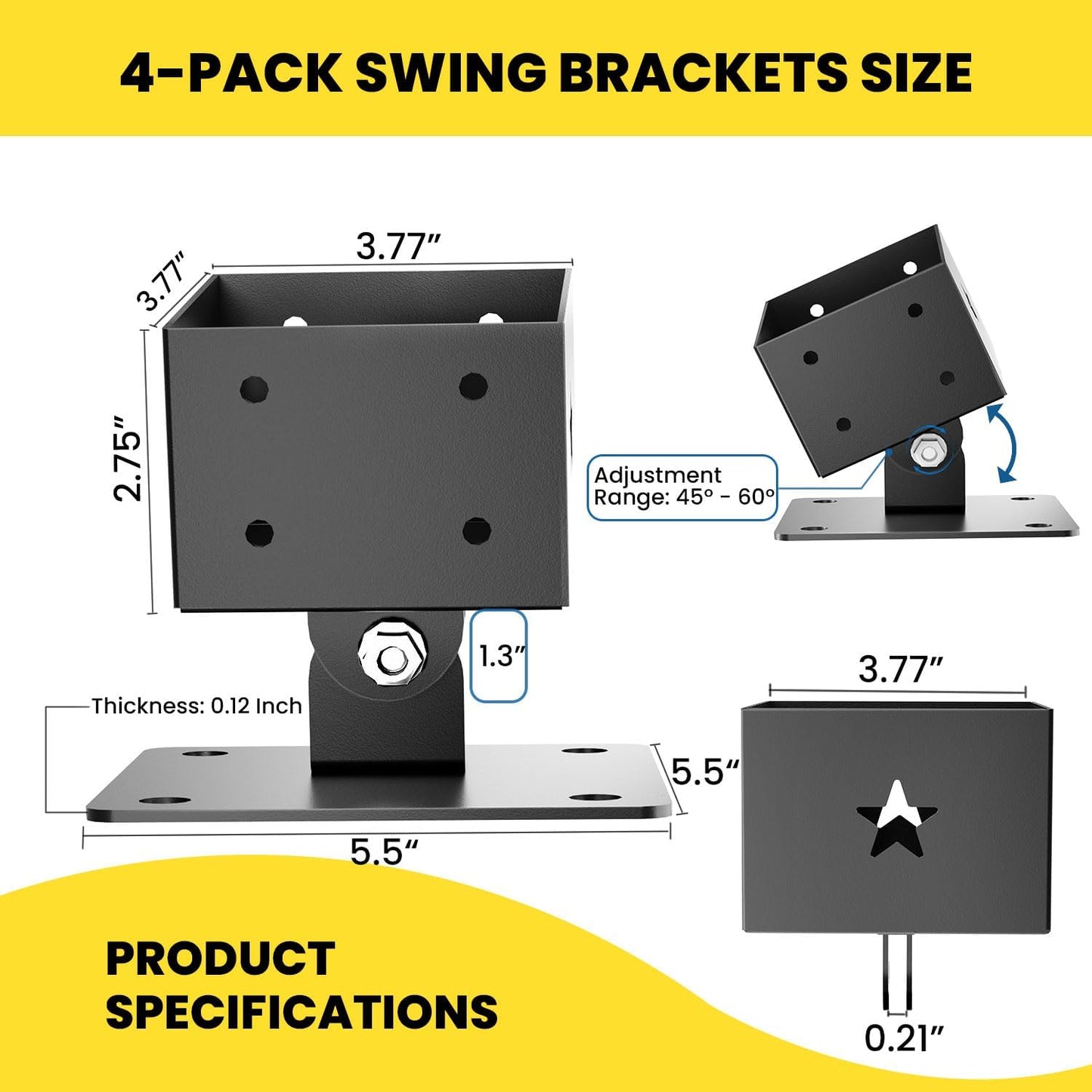 Heavy Duty Swing Set Brackets (4-Pack), 201 Stainless Steel Base for 4x4 Wood Posts (Fits 3.5"x3.5"), Includes Leveling Blocks & Hardware, Ground Anchor for Enhanced Stability & Wood Protection