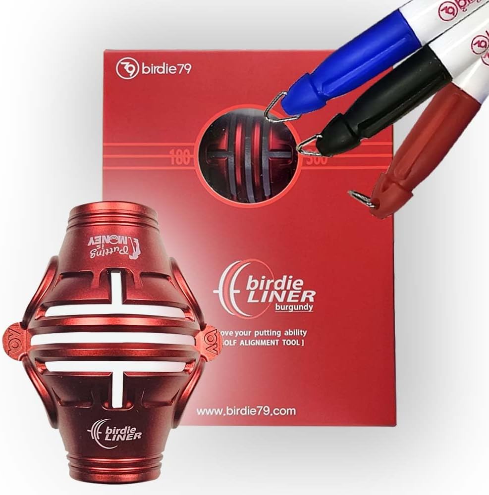 Birdie Liner Burgundy Golf Ball Marker Alignment Tool Kit - 360-Degree Triple Line Stencil Black with 3-Color Pens and Gift Box - Premium Quality