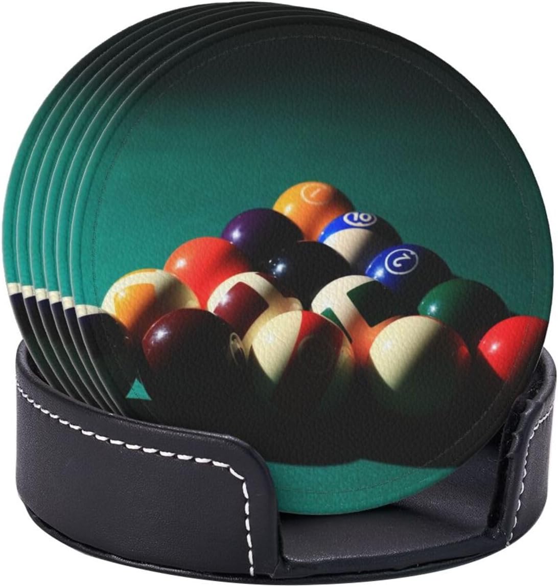 Billiard Ball Cool Coasters for Drinks Round Leather Coaster with Holder Set of 6 for Tabletop Protection Desk Accessories Office Home Room Decor