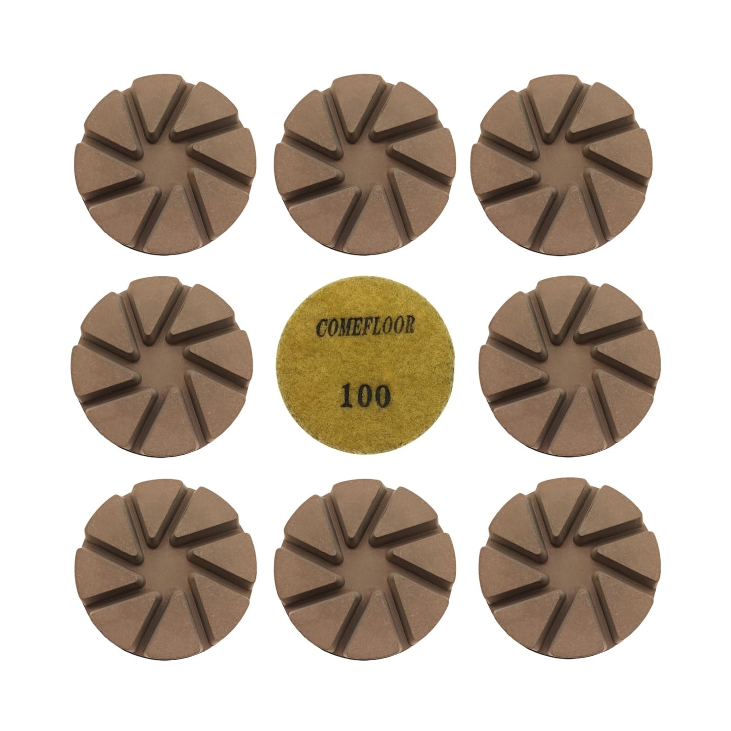 Hybrid Diamond Ceramic Polishing Pucks, Aggressive Concrete Terrazzo Floor Hook n Loop Grinding Pads, 3 Inch Long Using Life Transitional Discs,100# 9PCS