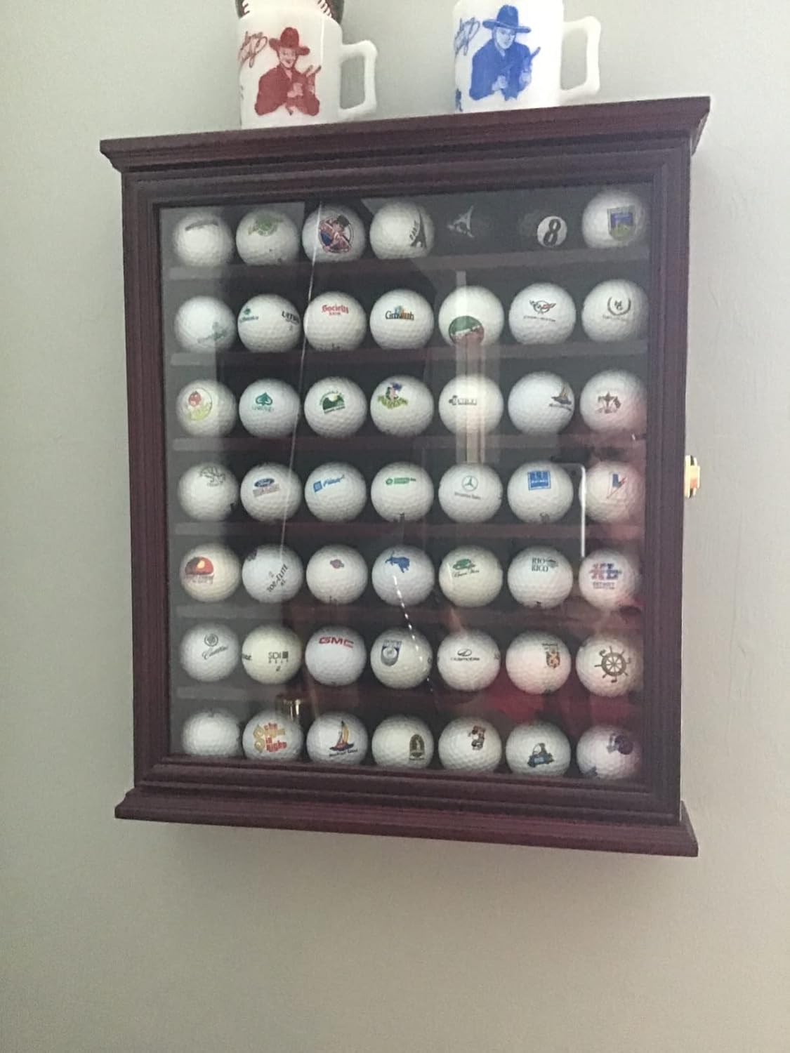 DisplayGifts 49 Golf Ball Display Case Cabinet Wall Rack Holder Solid Wood Frame with 98% UV Protection Lockable Real Glass Door, Great Golfer's Gift