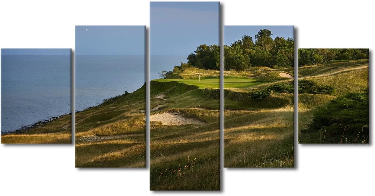 Wall Art Golf Course American Wisconsin Canvas Painting Modern Home Decor 5 Panel Wall Art Golf Course Field Picture Print Canvas Painting Decor for Living Room Framed Ready to Hang - 60"W x 32"H