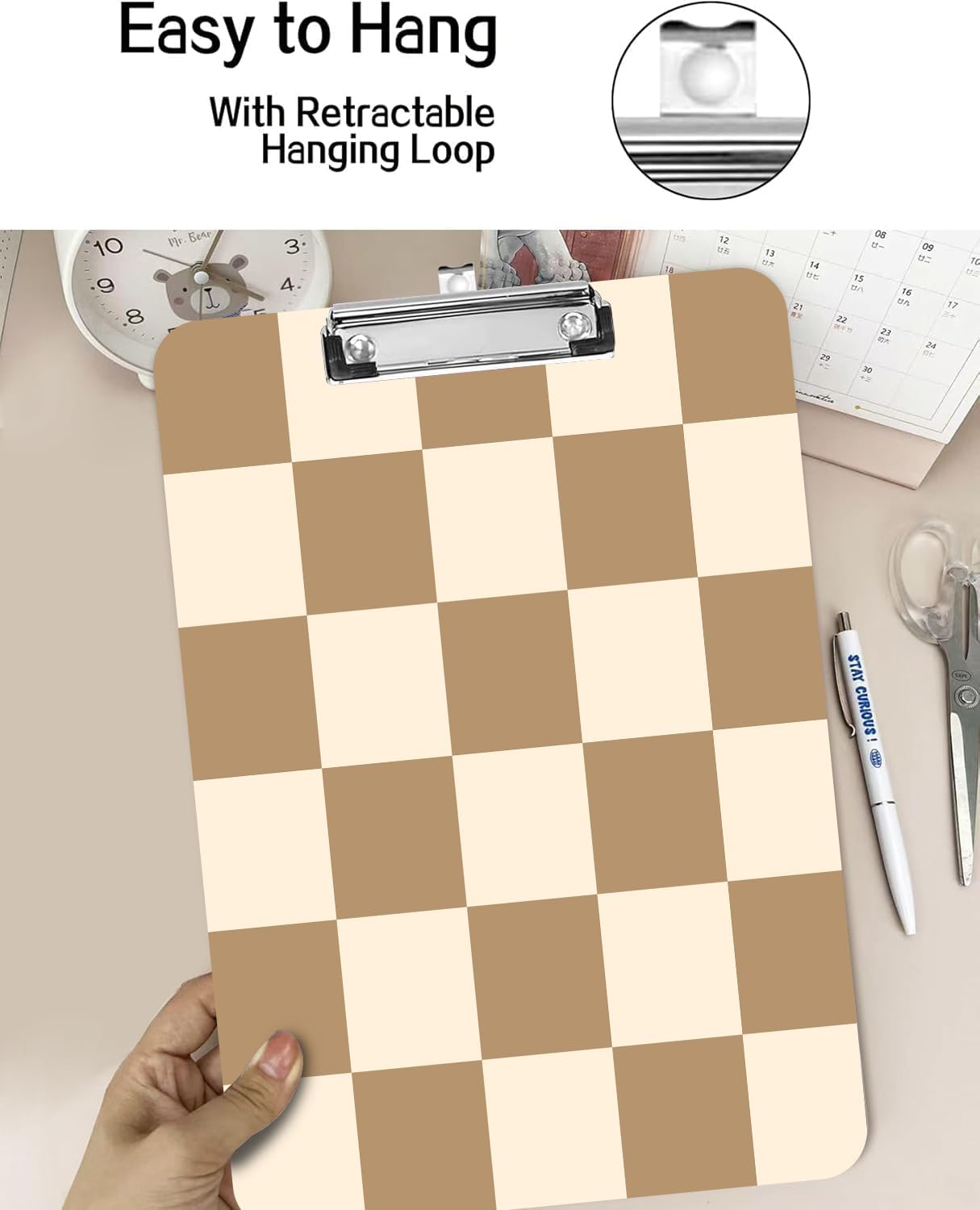 Fashion A4 Clipboard, Standard Letter Size 9" x 12.5", Decorative Wooden Clipboard with Low Profile Metal Clip for Office, School, Teachers, and Students, Coffee Checkered