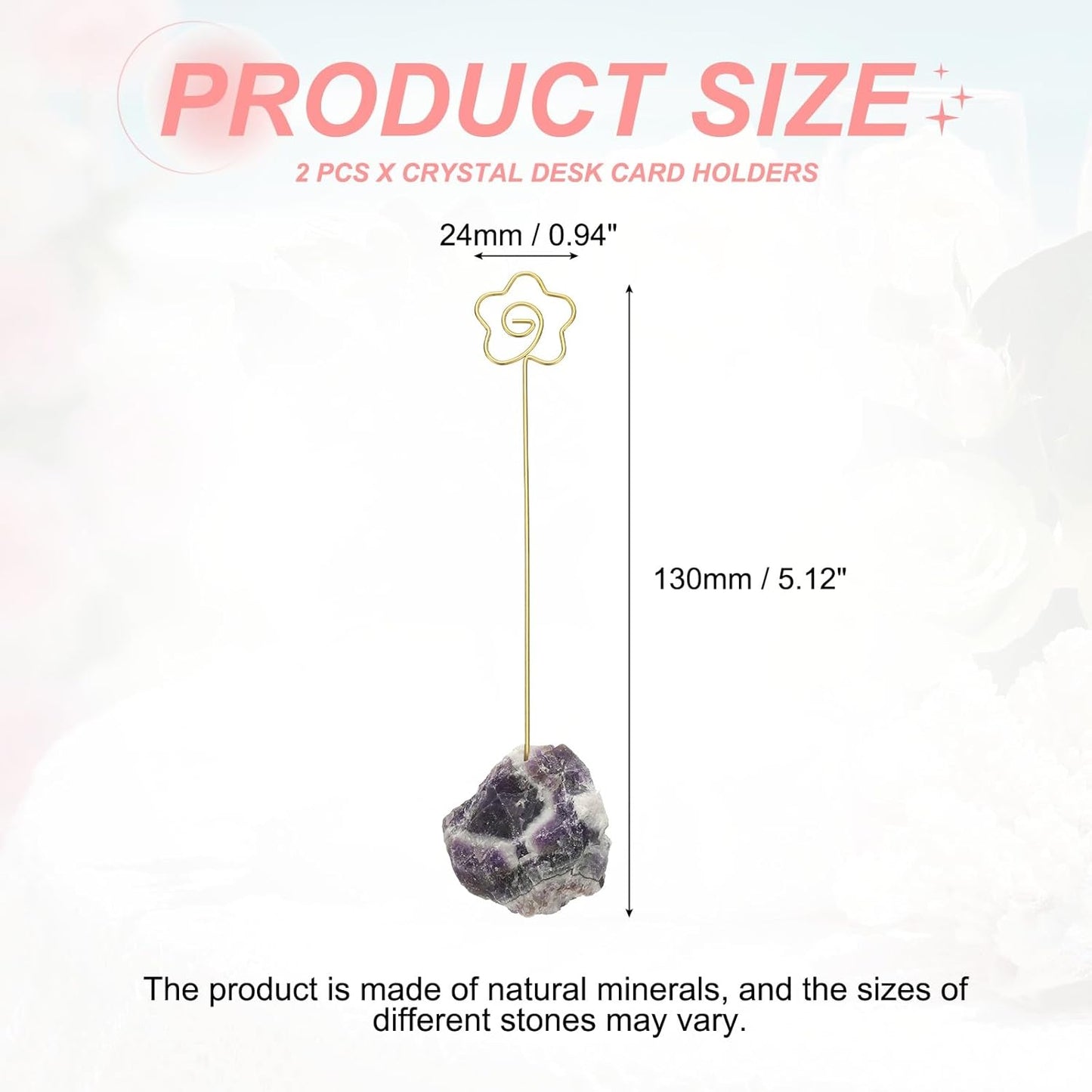 PATIKIL Table Number Holder, 2Pcs Photo Clip Holders Crystal Stone Quartz Desk Card Holder Raw Flower Shape Iron Memo Note Photo Stand for Wedding Party Home Office Decor, Purple