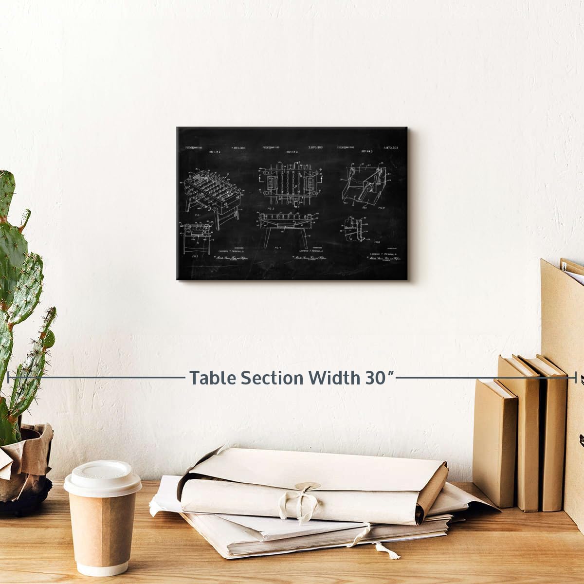 ElephantStock Soccer Table BW Patent Wall Art - Horizontal Wrapped Canvas - 1-Piece Living Room Wall Decor - Soccer Digital Art Canvas Print - Black and White Decor - 12" X 8"