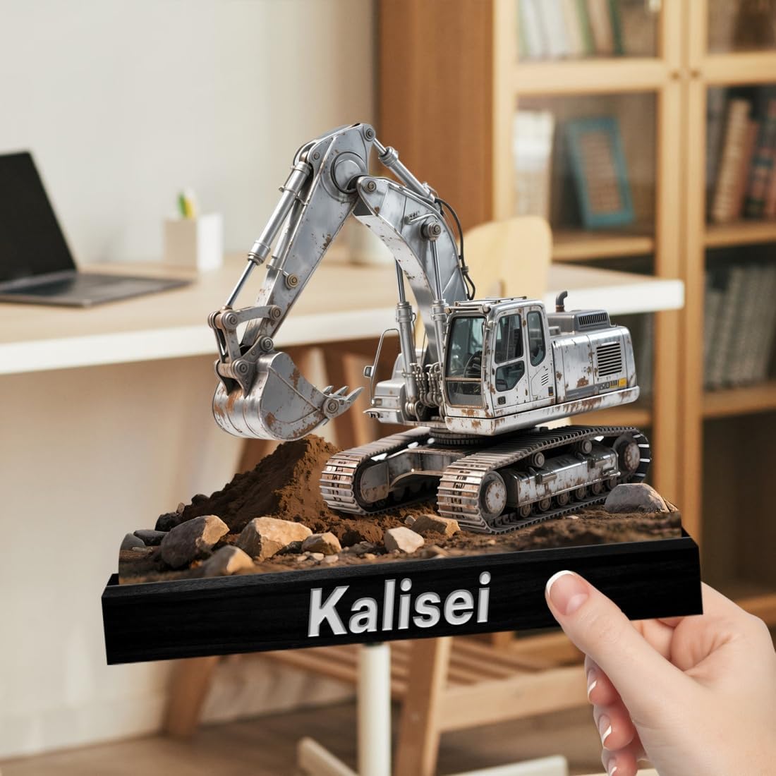 Personalized Excavator Desktop Ornament Sign Custom Name Flat Desk Sign Excavator Lovers Plaque with Wooden Base Home Garage Men Cave Desk Decor Plaque Gift for Dad Grandpa Christmas Birthday
