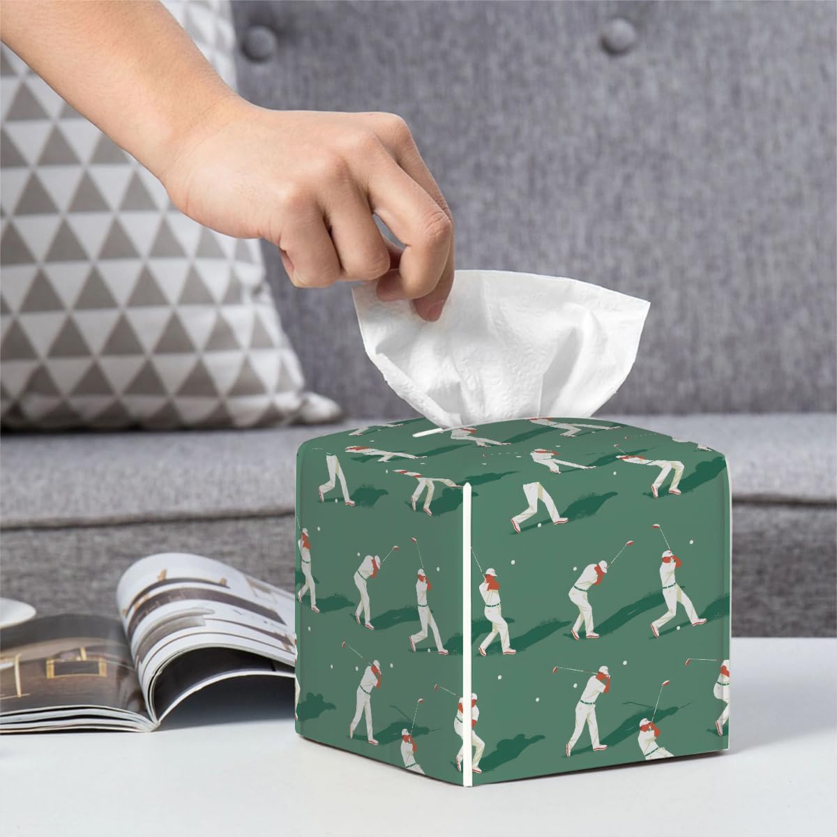 Square Leather Tissue Box Cover, Waterproof Napkin Dispenser with Golf Player Print, Tissue Holder for Bathroom, Living Room, Bedroom, Office, and Car Decor