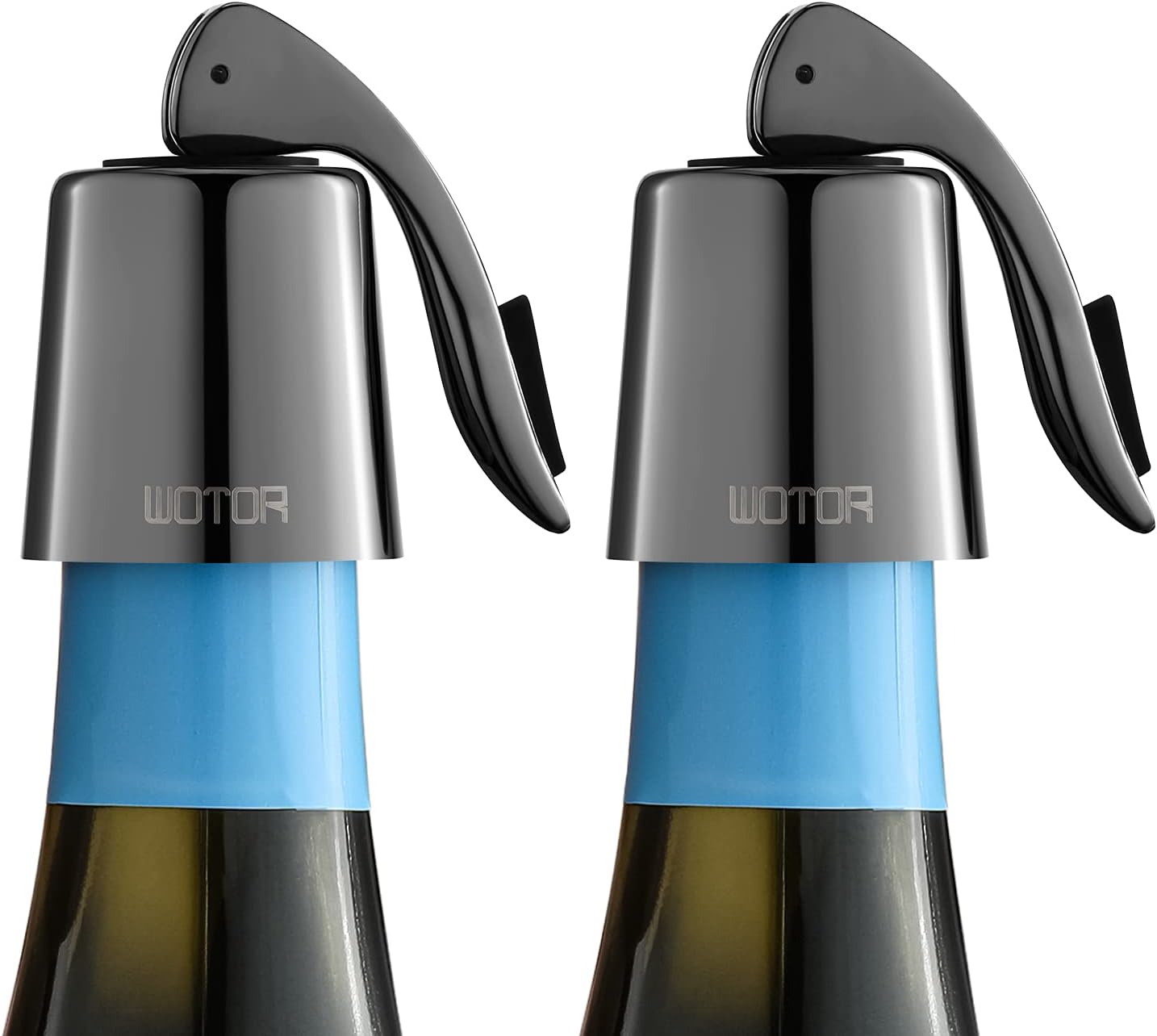 WOTOR Stainless Steel Wine Bottle Stoppers with Silicone - Reusable Wine Saver and Decorative Bottle Sealer, Leakproof, Keep Fresh, Metalblack, 2 Pack