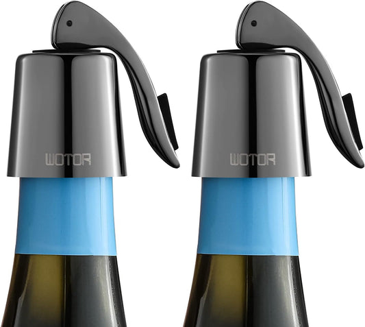 WOTOR Stainless Steel Wine Bottle Stoppers with Silicone - Reusable Wine Saver and Decorative Bottle Sealer, Leakproof, Keep Fresh, Metalblack, 2 Pack