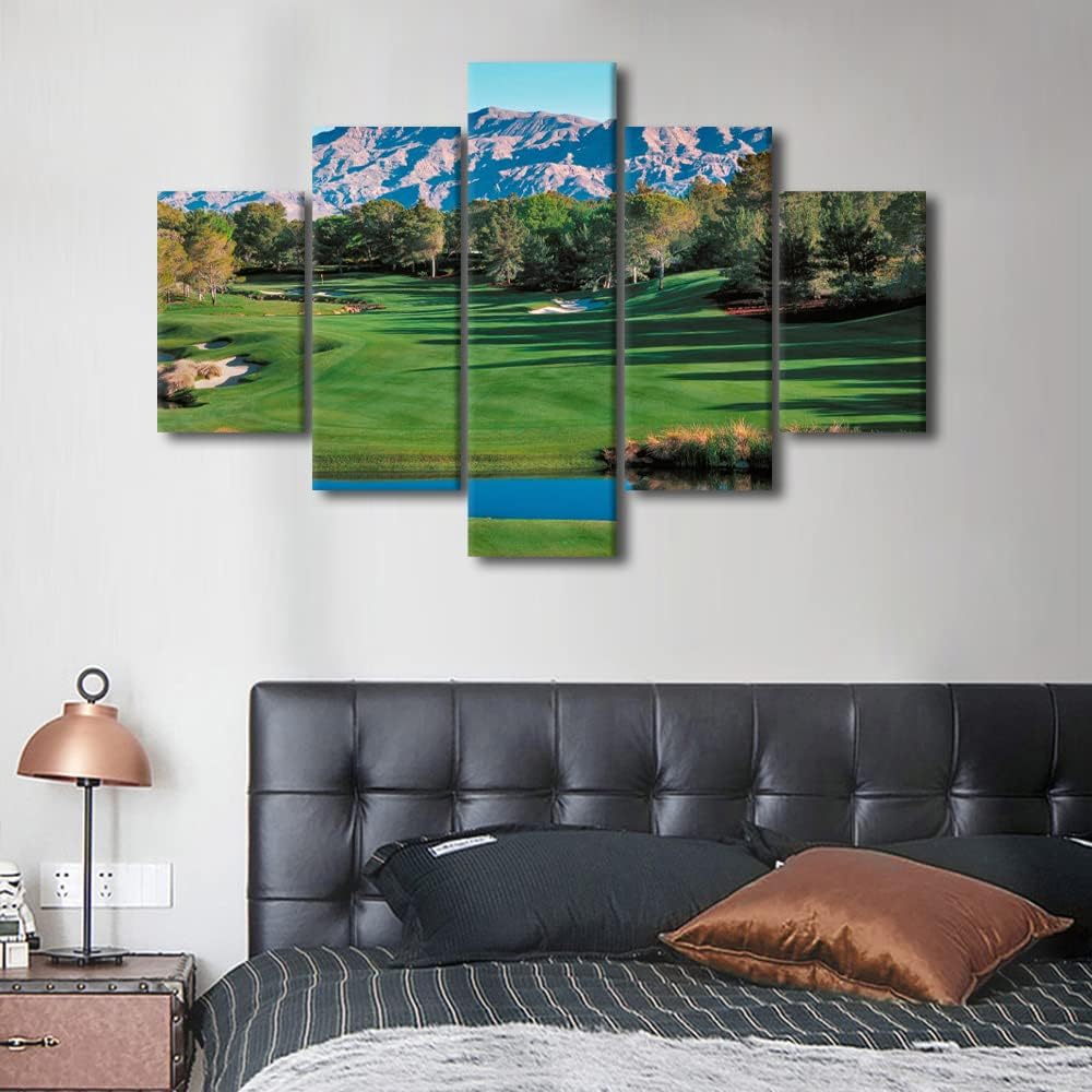 5 Panels Shadow Creek Golf Course Wall Art Golf Course Field Picture Canvas Prints Wall Art American Nevada Painting Artwork for Living Room Bedroom Office Wall Decor Framed Ready to Hang - 60"Wx40"H