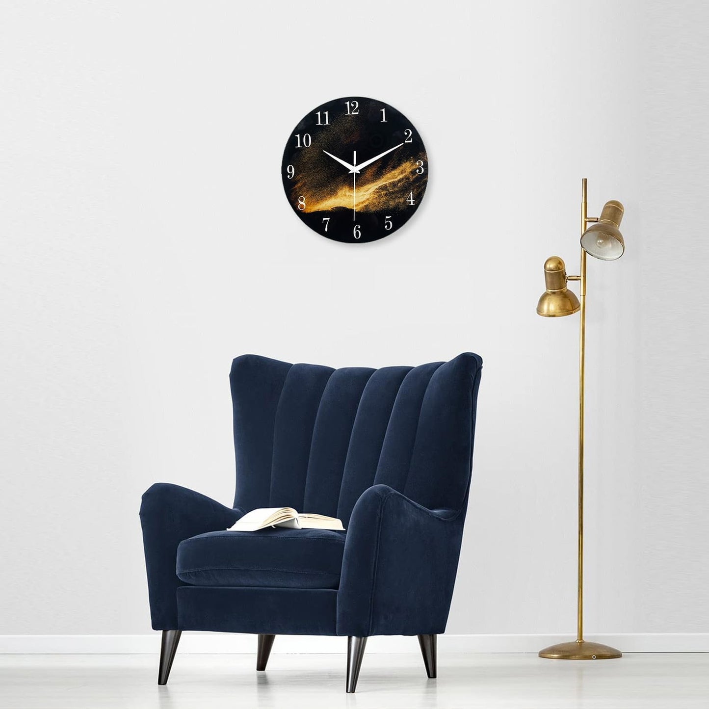 Black and Gold Modern Wall Clocks Battery Operated 12 Inch Silent Wall Clock Non Ticking Glass Wall Clock for Living Room