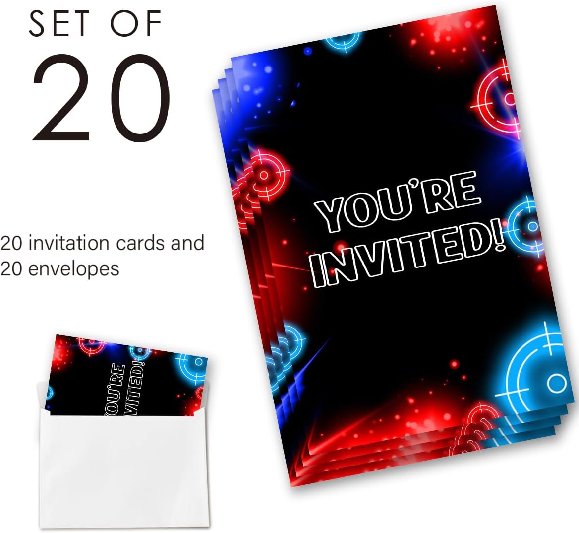 Laser Tag Birthday Invitation Supplies with Envelopes Set of 20 Bruh Neon Glow Laser Party Invite Fill in Blank, Double Sided