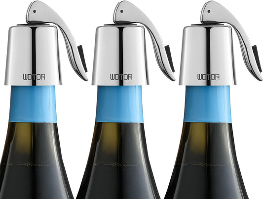 WOTOR Wine Stoppers Stainless Steel Wine Bottle stopper Plug with Silicone Reusable Wine Saver Leak proof Keep Fresh Silver 3 pack