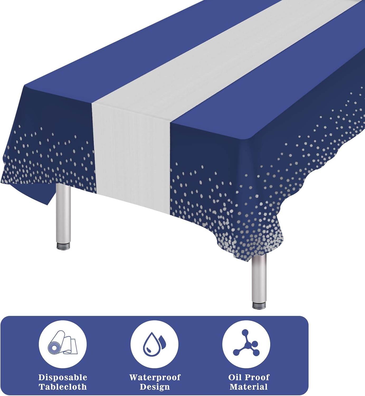 8 Packs Disposable Rectangle Tablecloth and Satin Table Runner, Blue and Silver Plastic Table Cloths for Parties Table Cover for Baby Shower Birthday Wedding Anniversary Holiday Party Decorations