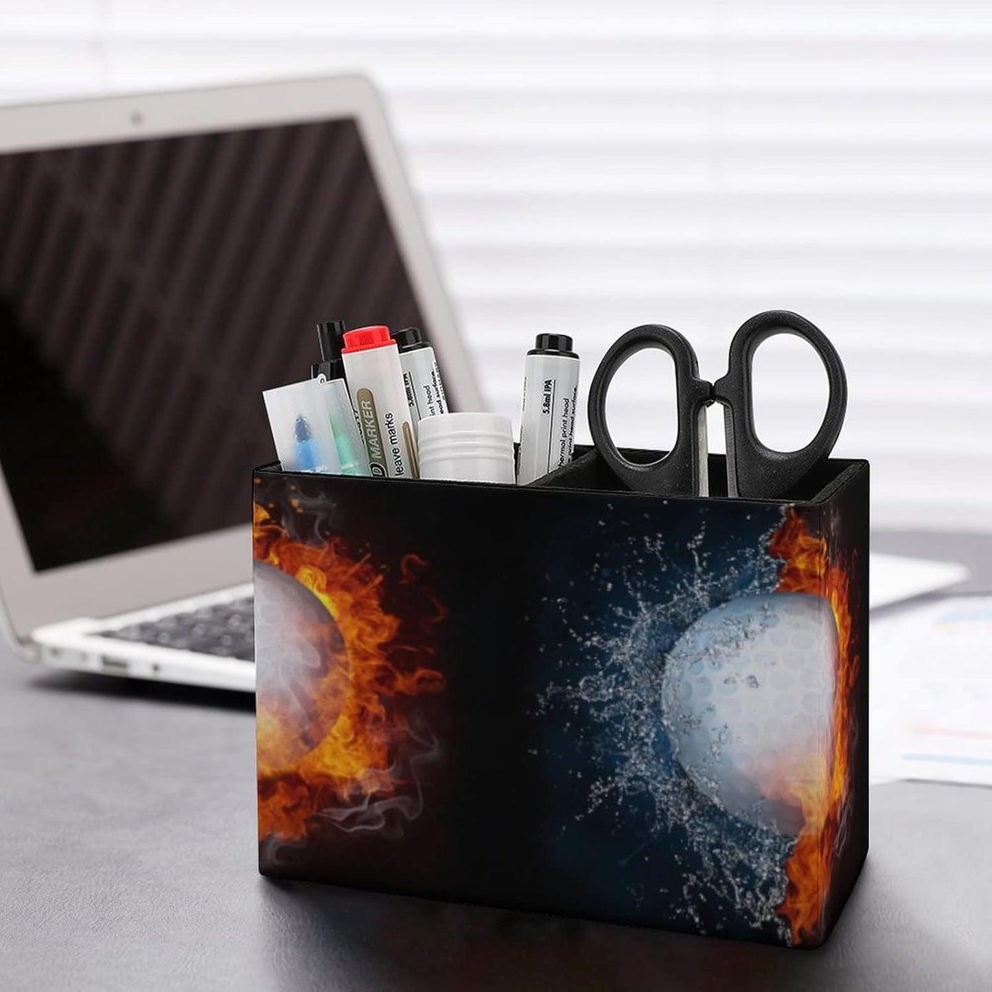 GERRIT Pen Holder for Desk, Golf Ball Fire Water Pencil Holder PU Leather Pen Organizer Desk Pencil Organizer Cute Makeup Brush Holder for School College Office