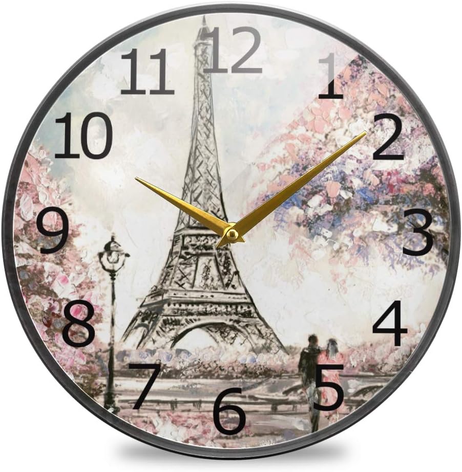 ALAZA Street Cherry Blossom Paris Eiffel Non-Ticking Round Wall Clock, 9.5 Inch Battery Operated Quiet Desk Clock Bedroom Living Dorm Room School Decor