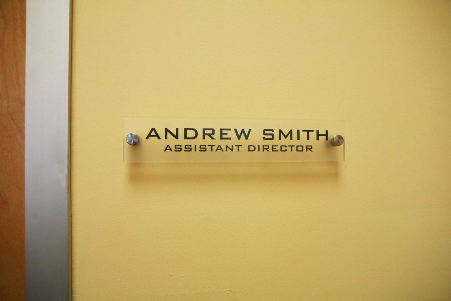 Personalized Office Wall Name Plate Sign. Modern Stainless Steel Legs (Frosted Translucent)