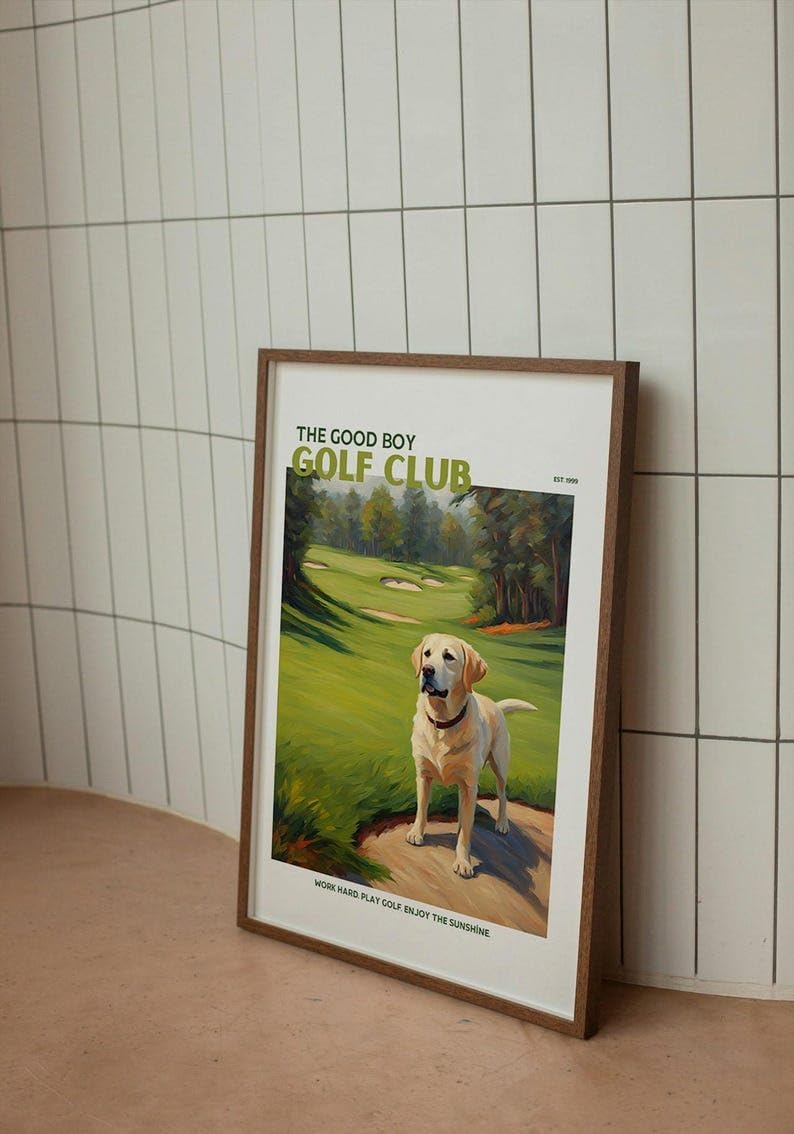 Nationcog Good Boy Golf Club Poster, Yellow Labrador Retriever Dog on Golf Course Wall Art, Funny Retro Golf Print, Funny Golf Poster, Ideal for Bar, Lounge, or Game Room (Unframed) (16x24)
