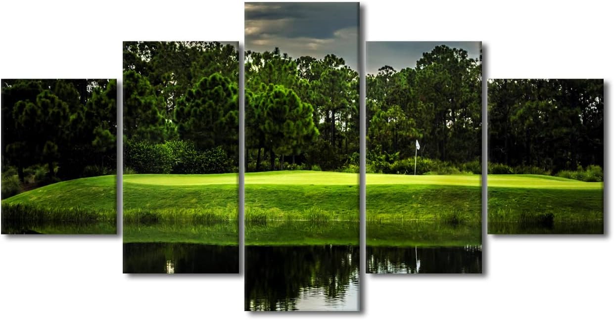 Wall Pictures for Living Room Golf Course Paintings Sunset Scape Artwork Multi Panel Green Canvas Wall Art Modern Home Decoration Giclee Wooden Framed Posters and Prints Ready to Hang - 60"W x 32"H