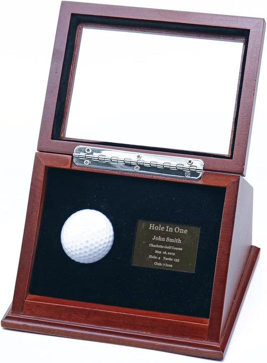 Show Box in One Golf Ball Beech Wood Display Case Box Shadow Box with Glass Window Free Customized Plaque Engraving Brown