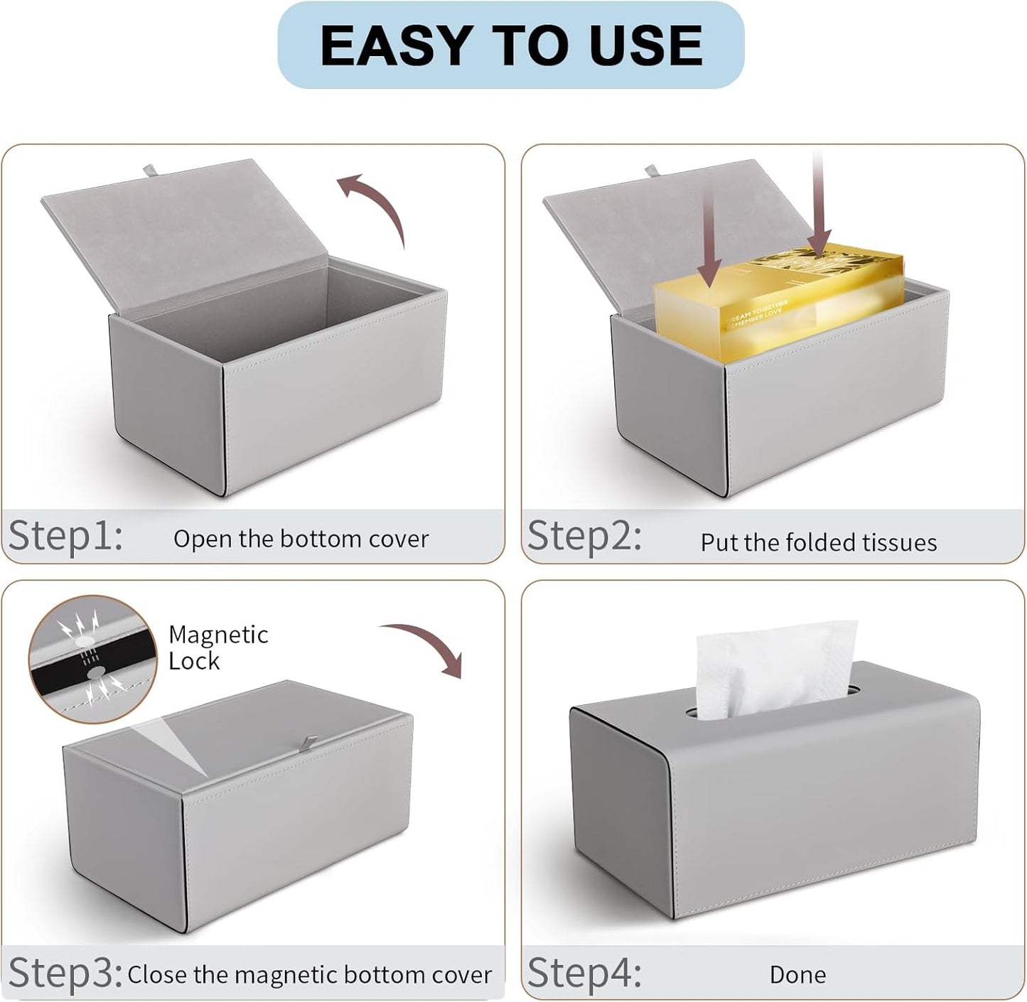 KINGFOM Tissue Box Cover, PU Leather Rectangular Tissue Box Holder with Magnetic Bottom Cover for Facial Tissues/Napkins, Office & Living Room Decor Box (Gray)