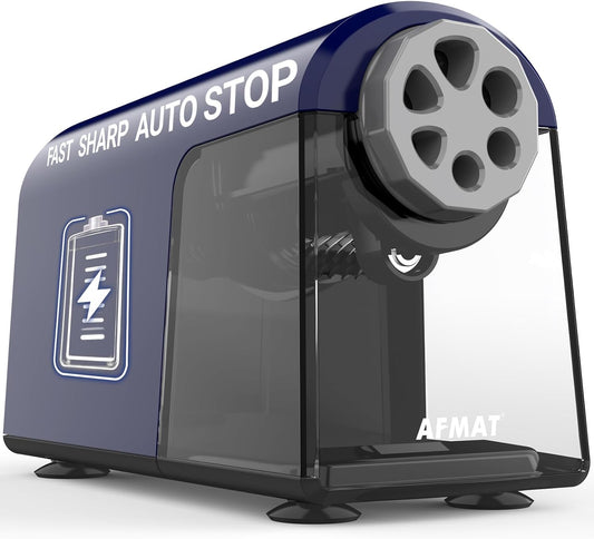 AFMAT PSD2 Electric Pencil Sharpener Heavy Duty, 6 Holes, Cordless & Rechargeable, Fast Sharpen, Auto Stop, 10K+ Uses, Classroom Pencil Sharpener for 6-11mm No.2/Large/Colored Pencils, Blue