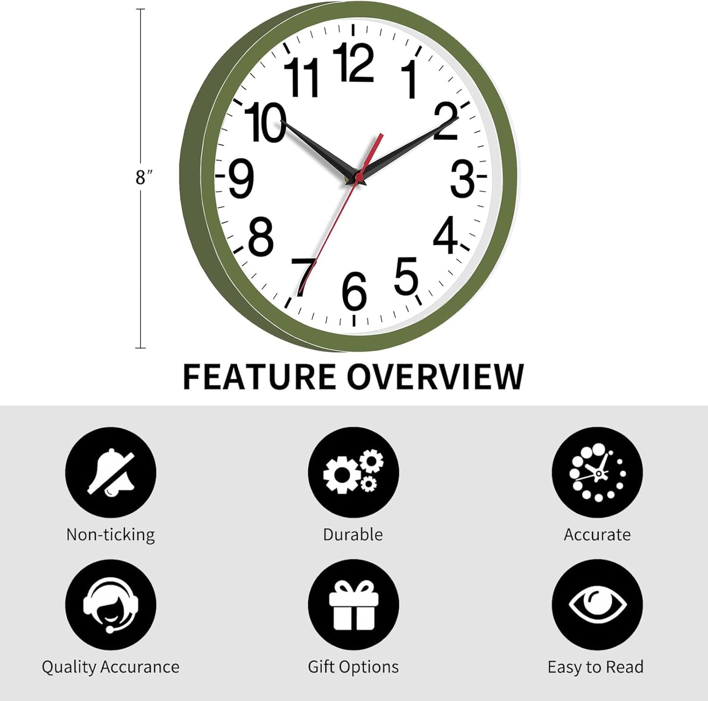 Wall Clock Modern 8 Inch Battery Operated Silent Non Ticking Small Analog Clock Decorative for Bedroom Kitchen Bathroom Office Home (Olive Green)