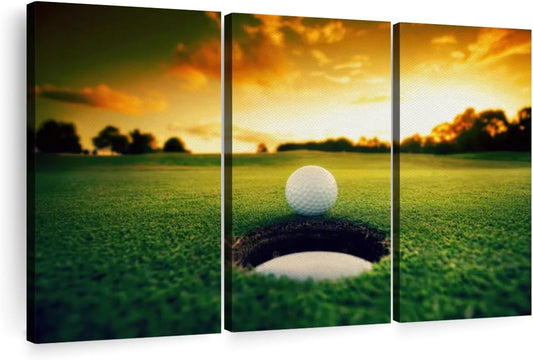 ElephantStock Golf Ball Wall Art - Horizontal Canvas - 3-Piece Living Room Wall Decor - Photography Sports Canvas Print - Orange and Yellow Decor for Wall - 57" X 36"