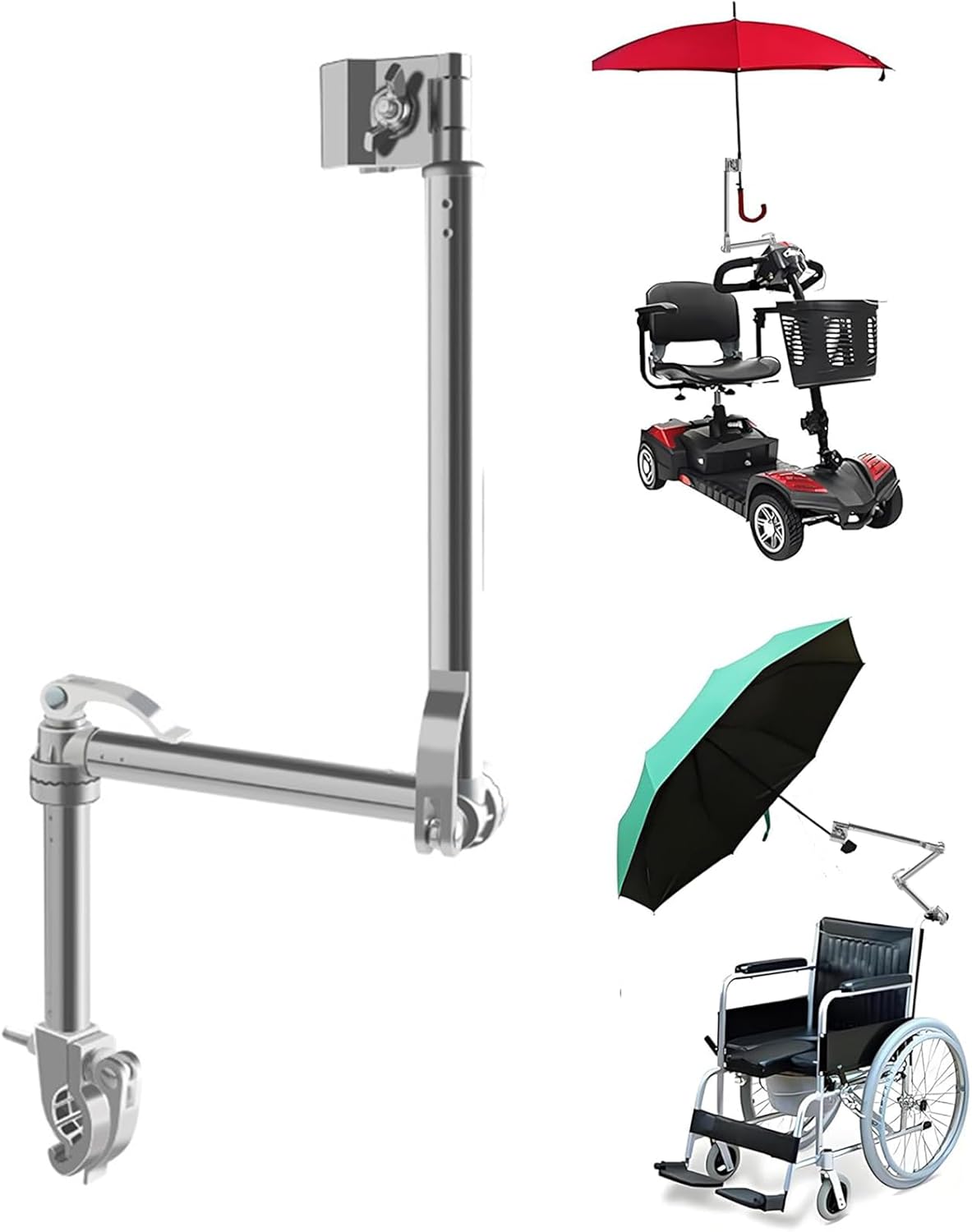Wheelchair Umbrella Mount Holder, 360° Adjustable & One-Key Lock, Wheelchair Accessory, Fits 22-27mm Handlebars for Strollers, Golf Carts, Wheelchairs